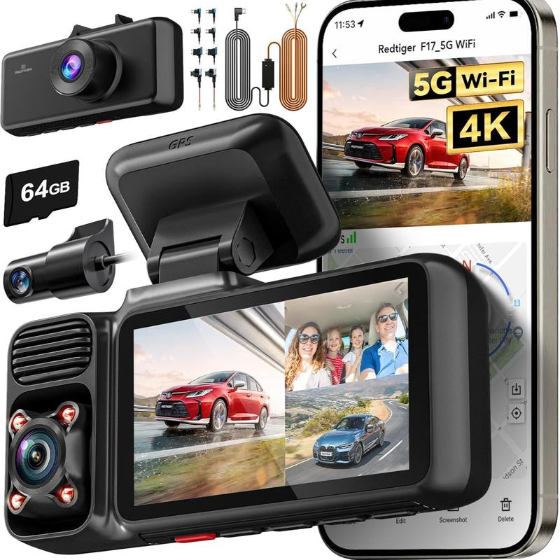 REDTIGER 4K 3 Channel Dash Cam, 5Ghz Wifi Built-In GPS, 64GB Card, 2160P+1080P+1080P, Triple Car Camera, Fathersdaygiftg Mode (F17) Automotive Vehiclefuses with IR Night Vision & G-Sensor Emergency Recording Tiktokshopblackfriday
