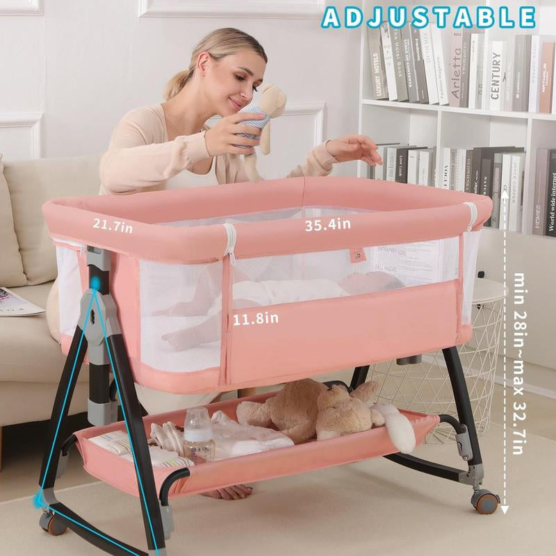 Baby Bassinet Sleeper, 6 Height Adjustable Cribs, Easy to Fold Portable Crib Side Bassinet, Swing Cradle Bed Side Sleeper with Ventilated Net&Wheels Newborn。 Baby Bassinet Sleeper