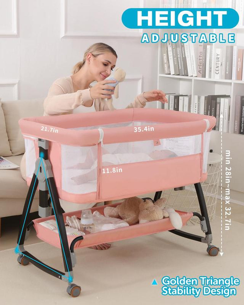 Baby Bassinet Sleeper, 6 Height Adjustable Cribs, Easy to Fold Portable Crib Side Bassinet, Swing Cradle Bed Side Sleeper with Ventilated Net&Wheels Newborn。 Baby Bassinet Sleeper
