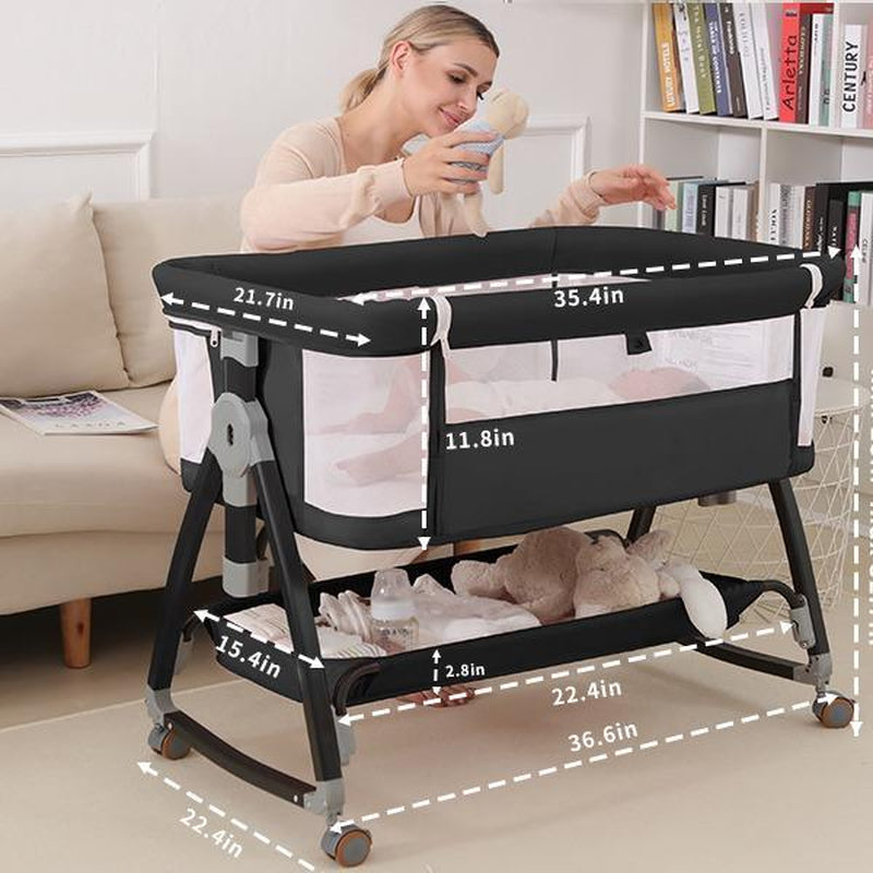 Baby Bassinet Sleeper, 6 Height Adjustable Cribs, Easy to Fold Portable Crib Side Bassinet, Swing Cradle Bed Side Sleeper with Ventilated Net&Wheels Newborn。 Baby Bassinet Sleeper