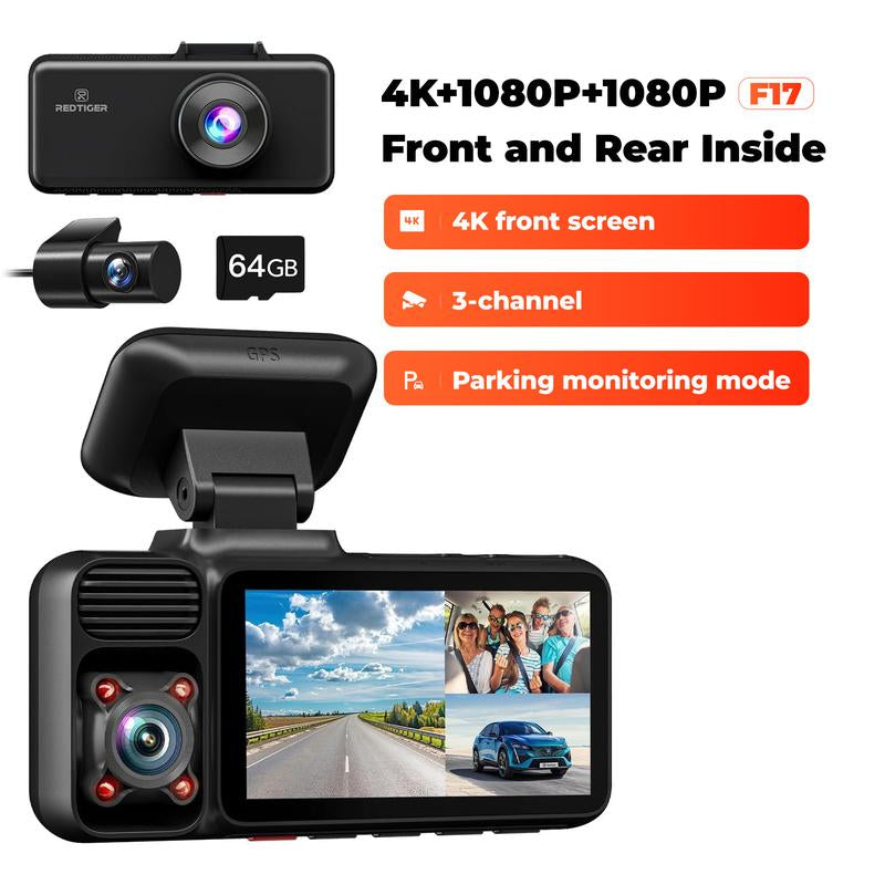 REDTIGER 4K 3 Channel Dash Cam, 5Ghz Wifi Built-In GPS, 64GB Card, 2160P+1080P+1080P, Triple Car Camera, Fathersdaygiftg Mode (F17) Automotive Vehiclefuses with IR Night Vision & G-Sensor Emergency Recording Tiktokshopblackfriday