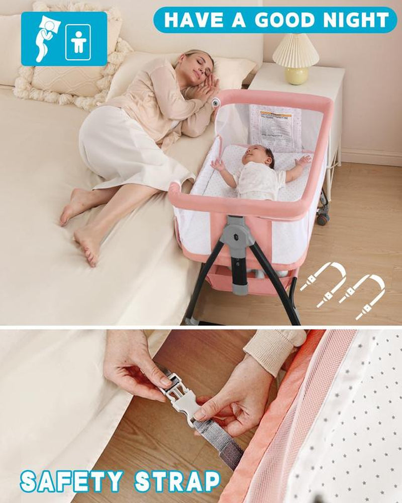 Baby Bassinet Sleeper, 6 Height Adjustable Cribs, Easy to Fold Portable Crib Side Bassinet, Swing Cradle Bed Side Sleeper with Ventilated Net&Wheels Newborn。 Baby Bassinet Sleeper