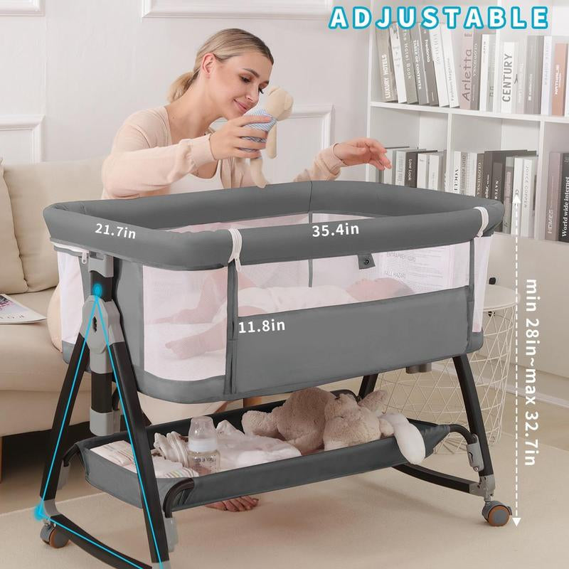 Baby Bassinet Sleeper, 6 Height Adjustable Cribs, Easy to Fold Portable Crib Side Bassinet, Swing Cradle Bed Side Sleeper with Ventilated Net&Wheels Newborn。 Baby Bassinet Sleeper
