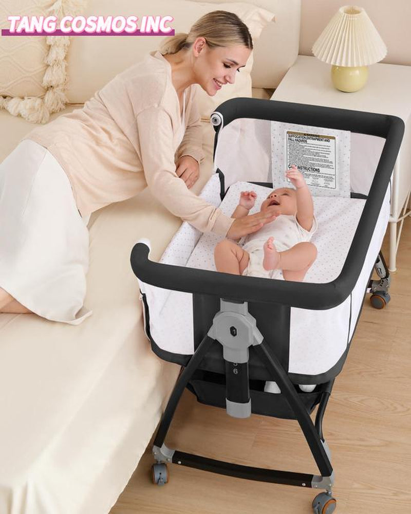 Baby Bassinet Sleeper, 6 Height Adjustable Cribs, Easy to Fold Portable Crib Side Bassinet, Swing Cradle Bed Side Sleeper with Ventilated Net&Wheels Newborn。 Baby Bassinet Sleeper