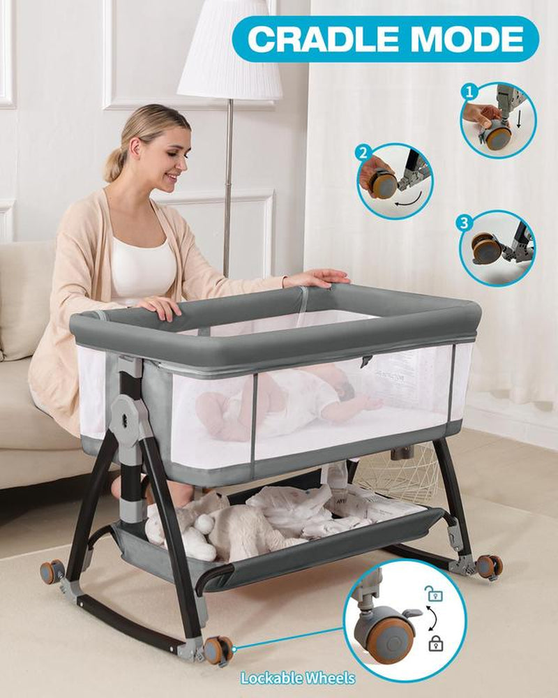 Baby Bassinet Sleeper, 6 Height Adjustable Cribs, Easy to Fold Portable Crib Side Bassinet, Swing Cradle Bed Side Sleeper with Ventilated Net&Wheels Newborn。 Baby Bassinet Sleeper