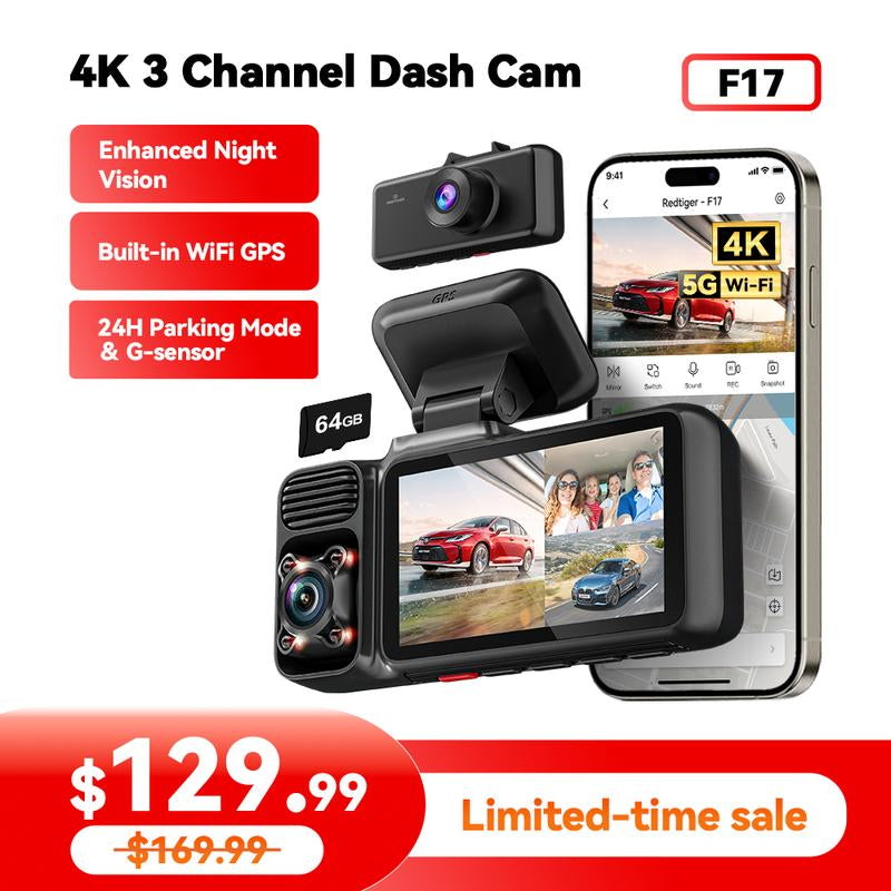 REDTIGER 4K 3 Channel Dash Cam, 5Ghz Wifi Built-In GPS, 64GB Card, 2160P+1080P+1080P, Triple Car Camera, Fathersdaygiftg Mode (F17) Automotive Vehiclefuses with IR Night Vision & G-Sensor Emergency Recording Tiktokshopblackfriday