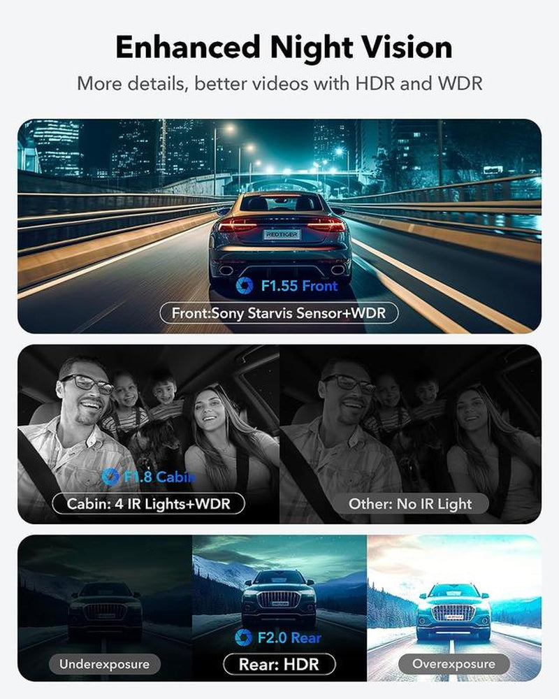 REDTIGER 4K 3 Channel Dash Cam, 5Ghz Wifi Built-In GPS, 64GB Card, 2160P+1080P+1080P, Triple Car Camera, Fathersdaygiftg Mode (F17) Automotive Vehiclefuses with IR Night Vision & G-Sensor Emergency Recording Tiktokshopblackfriday