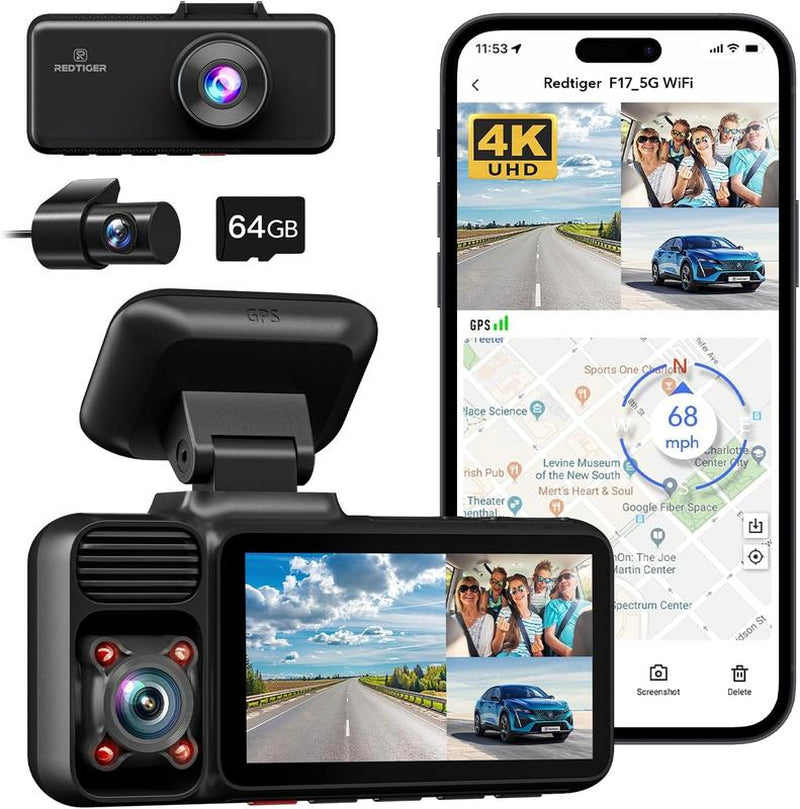 REDTIGER 4K 3 Channel Dash Cam, 5Ghz Wifi Built-In GPS, 64GB Card, 2160P+1080P+1080P, Triple Car Camera, Fathersdaygiftg Mode (F17) Automotive Vehiclefuses with IR Night Vision & G-Sensor Emergency Recording Tiktokshopblackfriday