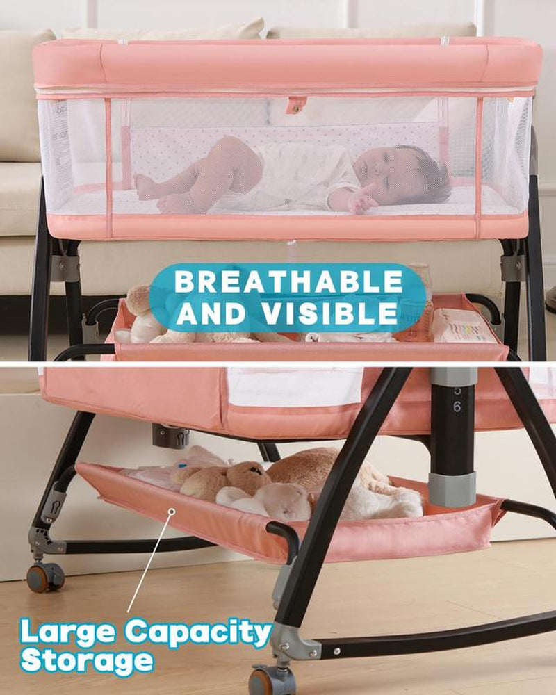 Baby Bassinet Sleeper, 6 Height Adjustable Cribs, Easy to Fold Portable Crib Side Bassinet, Swing Cradle Bed Side Sleeper with Ventilated Net&Wheels Newborn。 Baby Bassinet Sleeper