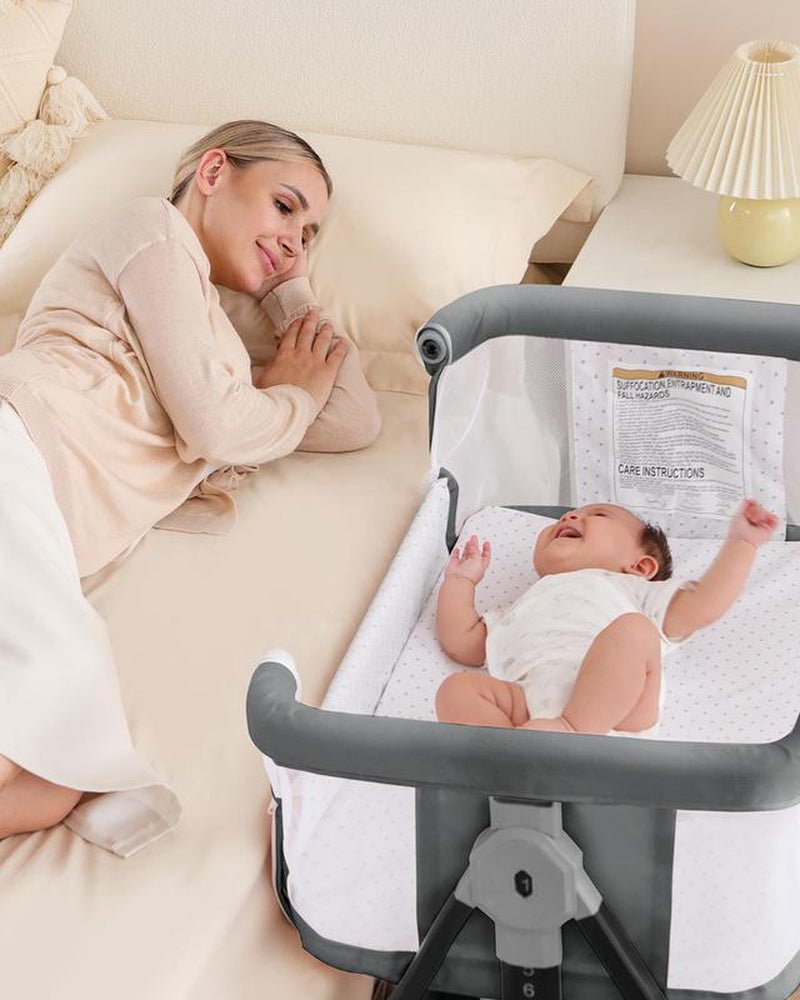 Baby Bassinet Sleeper, 6 Height Adjustable Cribs, Easy to Fold Portable Crib Side Bassinet, Swing Cradle Bed Side Sleeper with Ventilated Net&Wheels Newborn。 Baby Bassinet Sleeper
