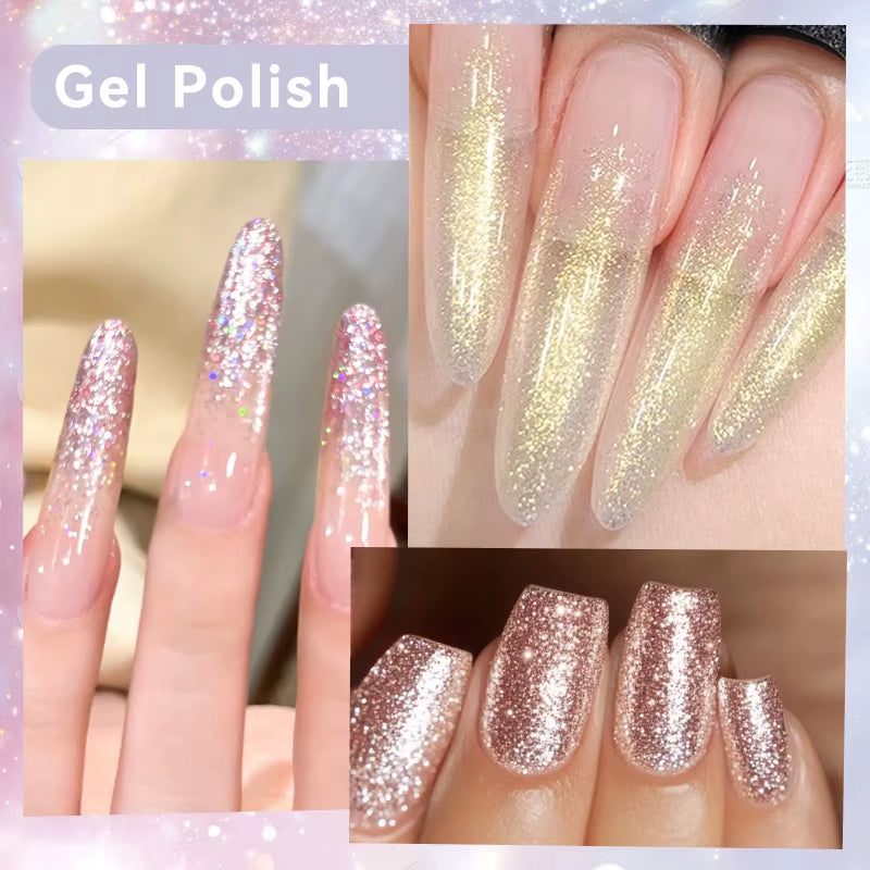 7Ml Champagne Gold Sequins Gel Nail Polish Bright Sparkling Glitter French Semi Permanent Nail Painting UV Gel