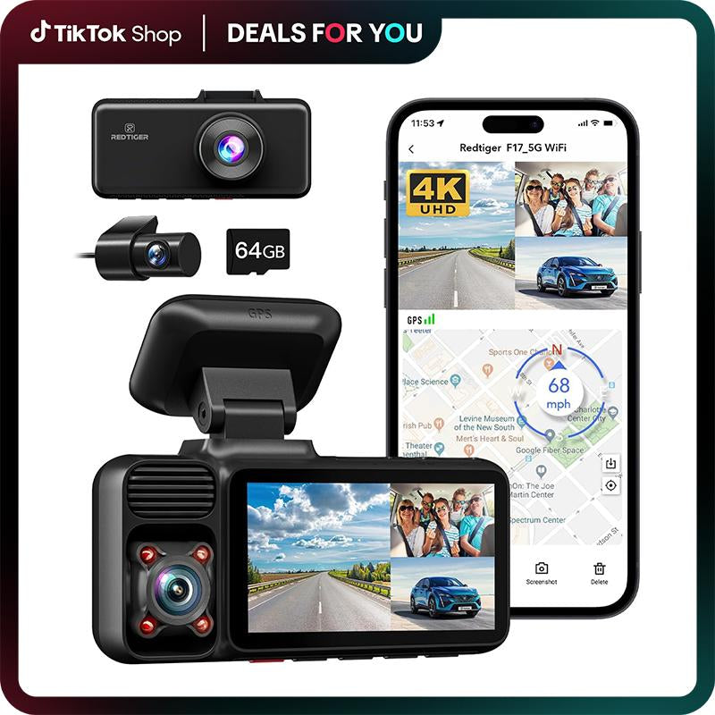 REDTIGER 4K 3 Channel Dash Cam, 5Ghz Wifi Built-In GPS, 64GB Card, 2160P+1080P+1080P, Triple Car Camera, Fathersdaygiftg Mode (F17) Automotive Vehiclefuses with IR Night Vision & G-Sensor Emergency Recording Tiktokshopblackfriday