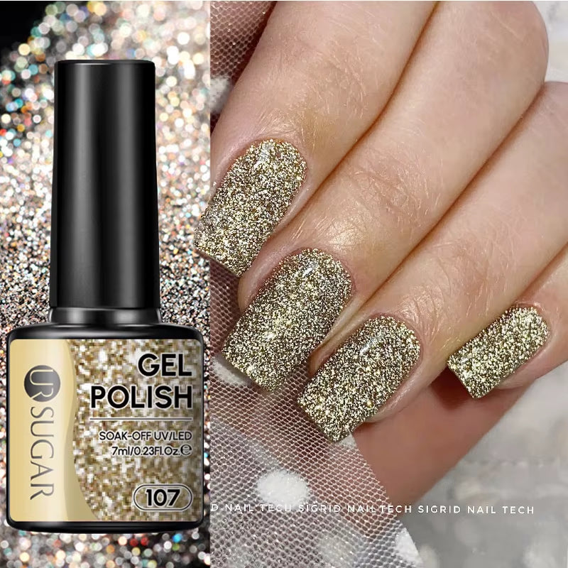 7Ml Champagne Gold Sequins Gel Nail Polish Bright Sparkling Glitter French Semi Permanent Nail Painting UV Gel