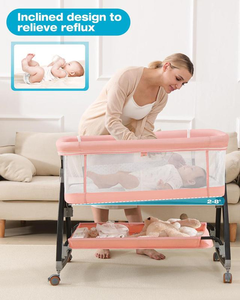 Baby Bassinet Sleeper, 6 Height Adjustable Cribs, Easy to Fold Portable Crib Side Bassinet, Swing Cradle Bed Side Sleeper with Ventilated Net&Wheels Newborn。 Baby Bassinet Sleeper